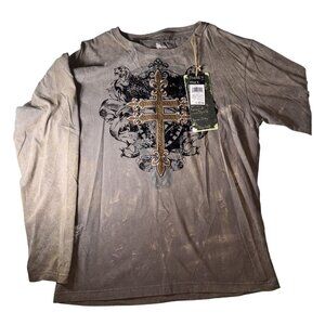 Franky Max XL Taupe Long Sleeve Distressed Cross all over Graphic Tee affliction